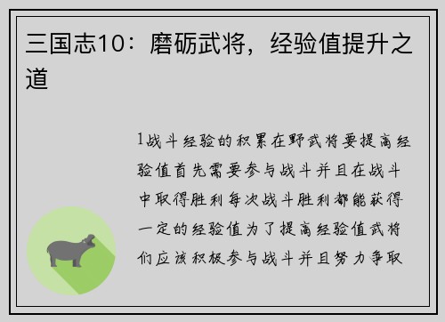 三国志10：磨砺武将，经验值提升之道